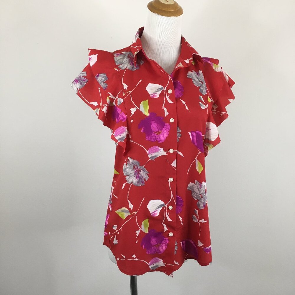 BANANA REPUBLIC Red Multi-Color Floral Print DILLON Ruffle Button Shirt